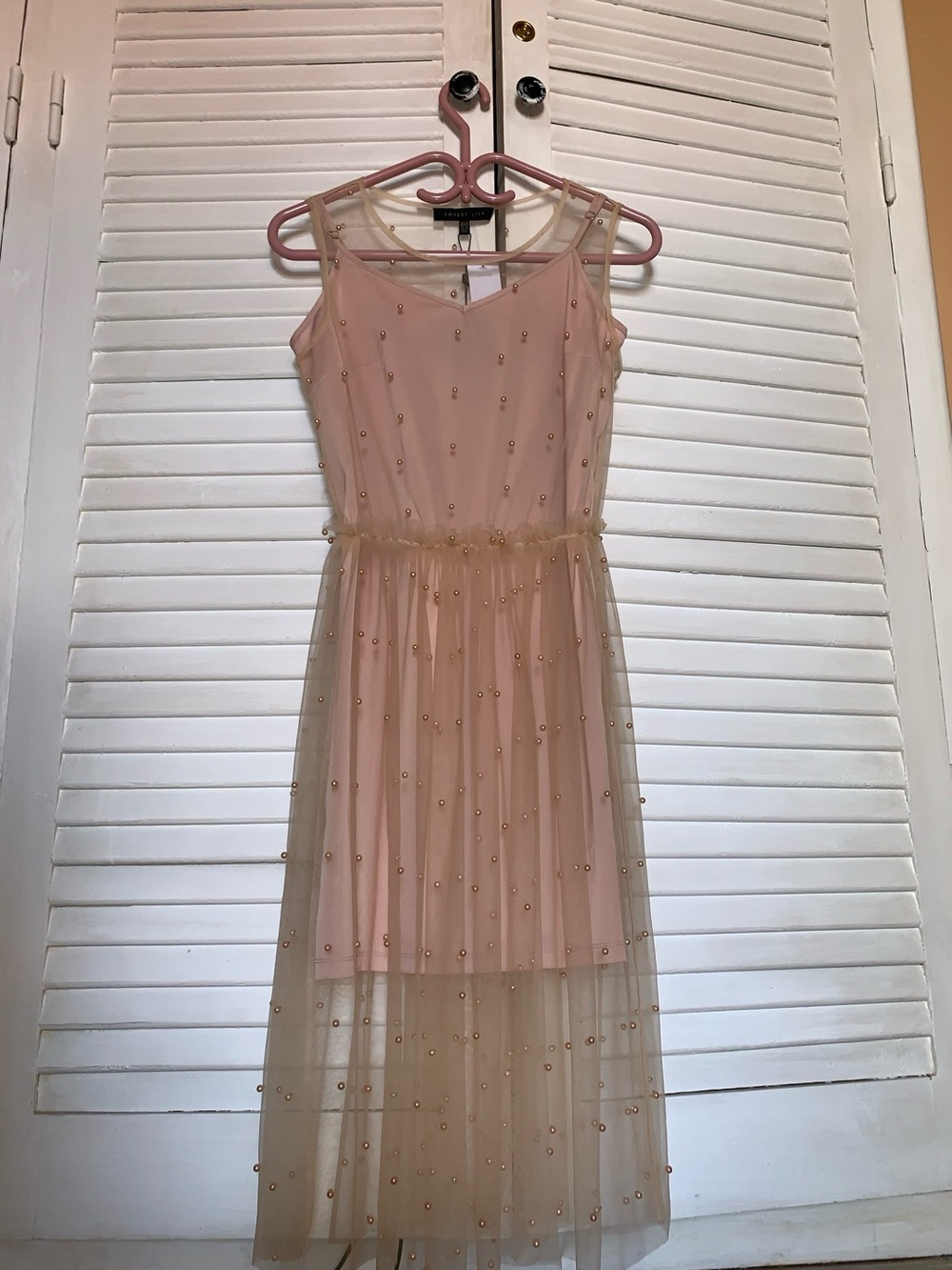Forest Lily Beaded Sheer Overlay Midi Dress in Blush Pink
